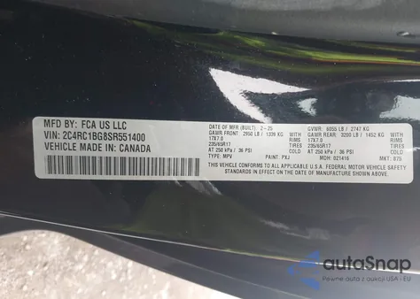 2025 Chrysler Pacifica Select z USA, uszkodzony, nr VIN 2C4RC1BG8SR551400